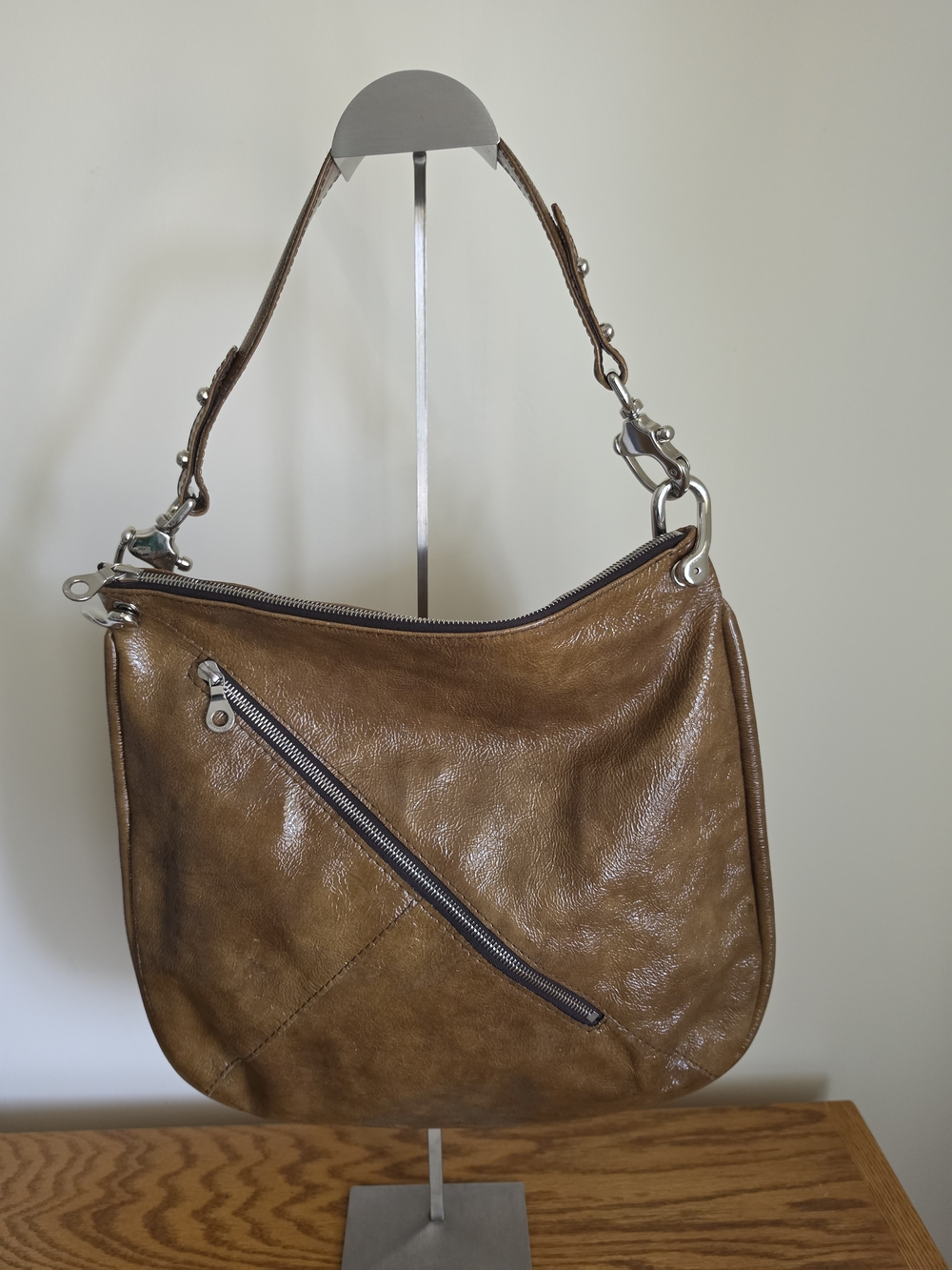 Christopher KON Taupe Patent  Leather Shoulder Bag
